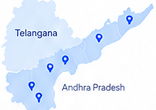 Map of Andhra Pradesh and Telangana showing operational presence in 9 cities
